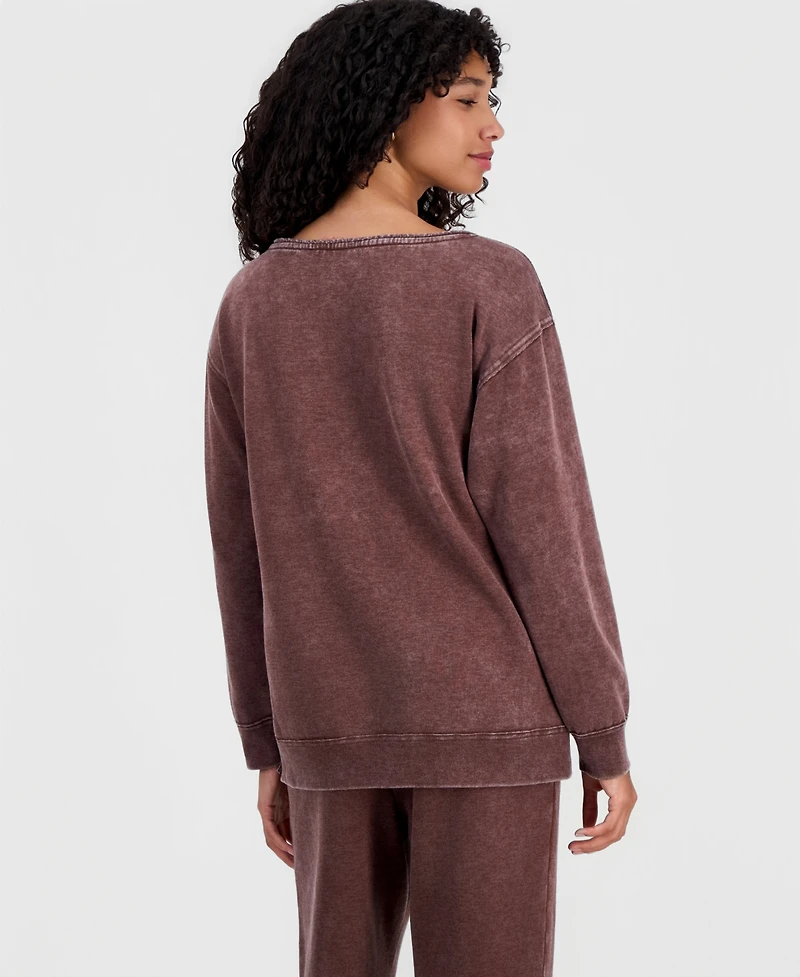 Rebellious One Juniors' Tokyo Flower Mineral-Wash Boat-Neck Fleece Sweatshirt