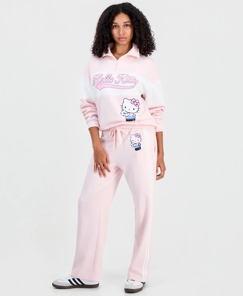 Sanrio Juniors' Hello Kitty Varsity Quarter-Zip Fleece Pullover Sweatshirt