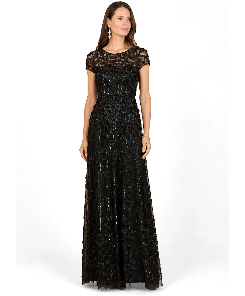Lara Women's 3D Floral Embellished Cap Sleeve Gown