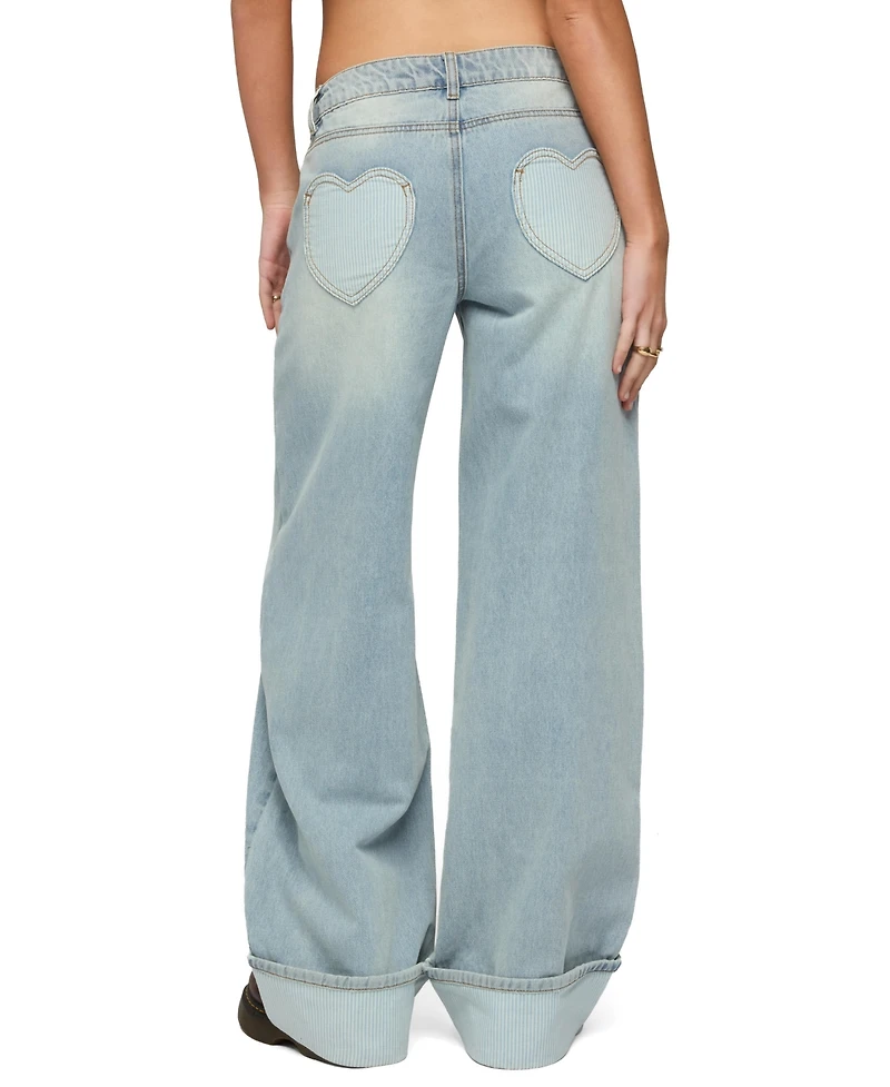 Edikted Women's Contrast Heart Low Rise Baggy Jeans