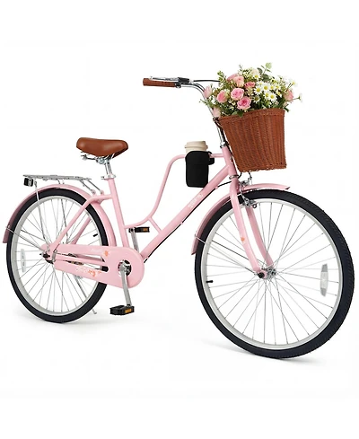 Gymax 26-Inch Beach Cruiser Bike with Adjustable Seat Woven Basket and Rear Rack for City