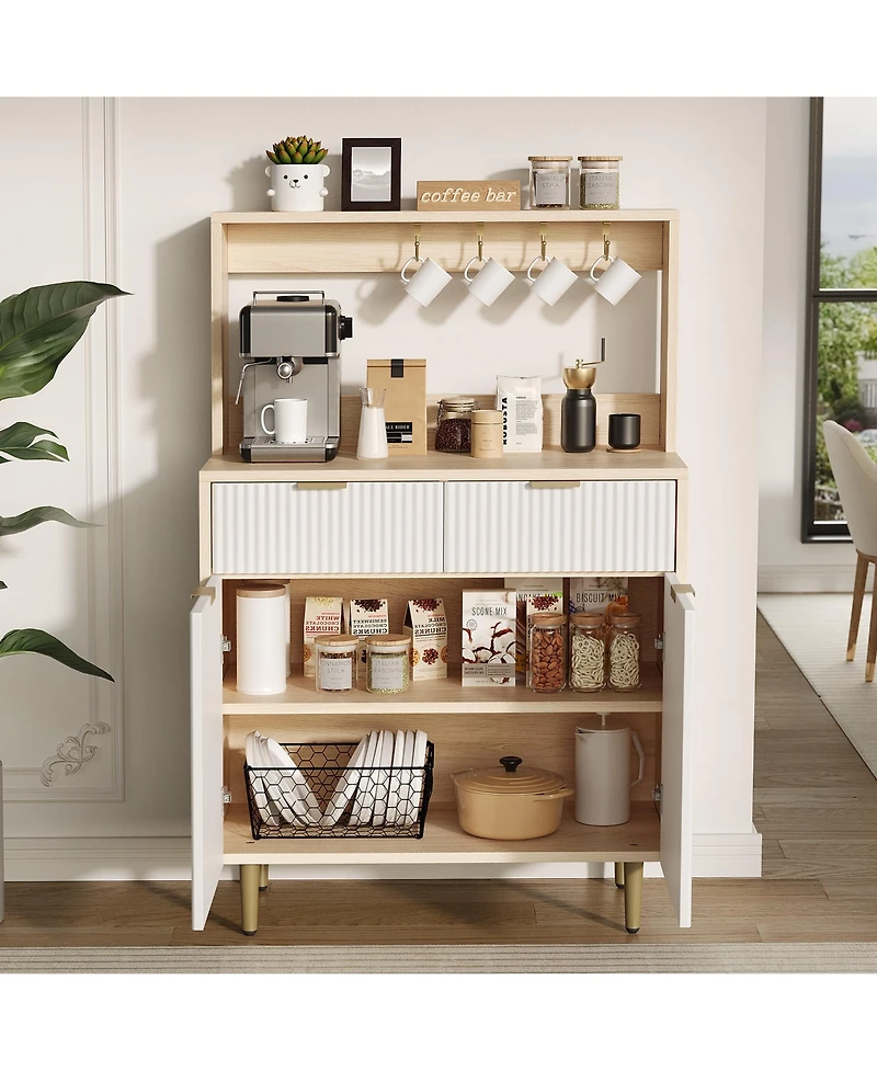 homfan Fluted Sideboard Buffet Cabinet with Storage, Modern Coffee Bar Unit Adjustable Shelves and 2 Drawers for Indoor Spaces