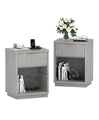 homfan Set of 2 Fluted Nightstands with Charging Station, Bedside Tables Drawers, Outlets and Usb Ports, Metal Handles