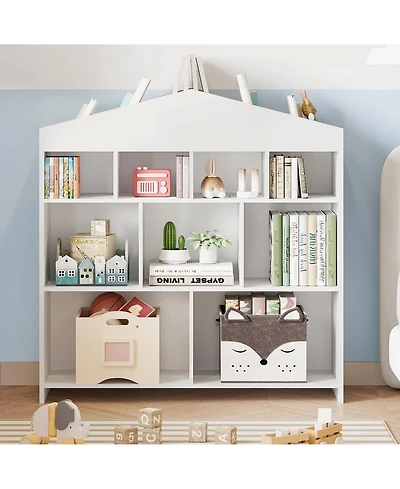 homfan Kids Bookshelf and Toy Organizer - 4-Tier 15-Cube Wooden Multifunctional Bookcase with 9-Cubby Toy Shelf, for Playroom, Nursery, Study Room