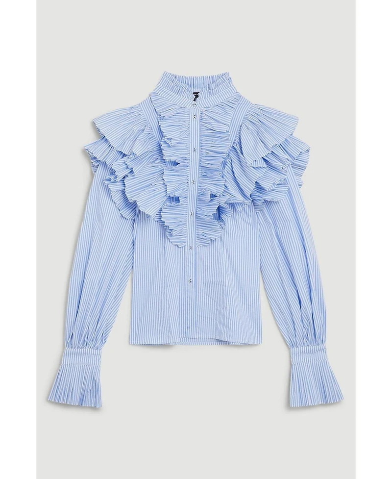 Karen Millen Women's Pleated Striped Ruffle Woven Shirt