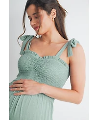 Hello Miz Maternity Sleeveless Smocked Wide Leg Jumpsuit with Tie Straps