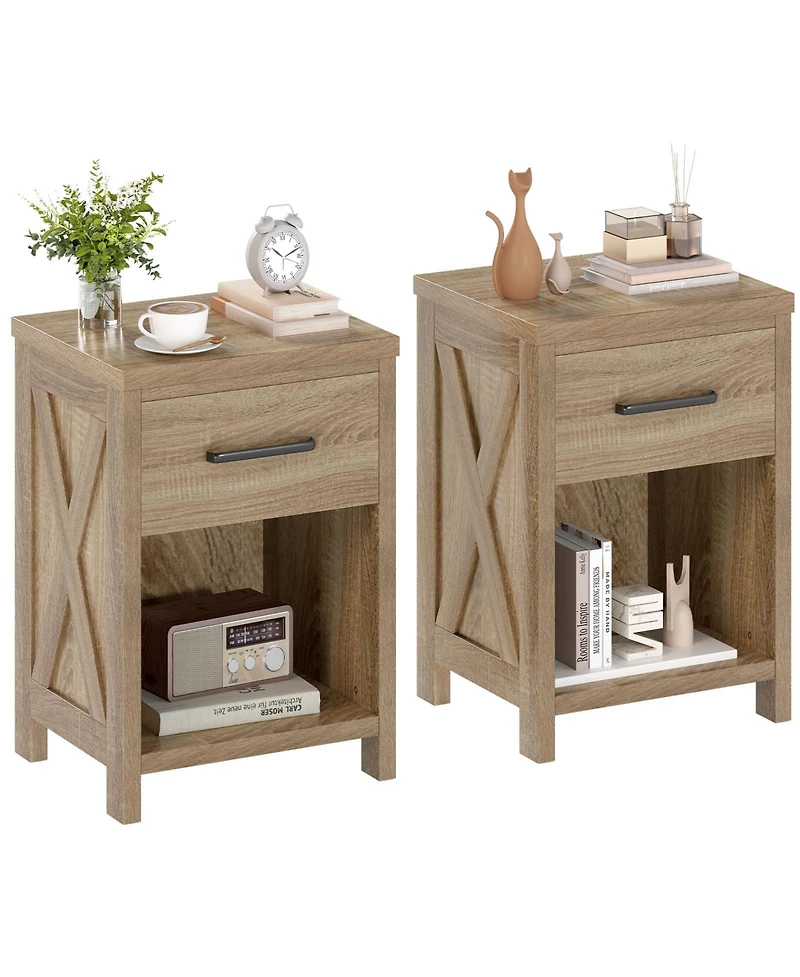 Gymax 2PCS Nightstand Sofa Side Table Rustic End Table w/Drawer Shelf for Living Room