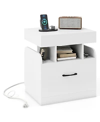 Gymax Nightstand with Charging Station Drawer and Sliding Top Storage Tray Open Shelves