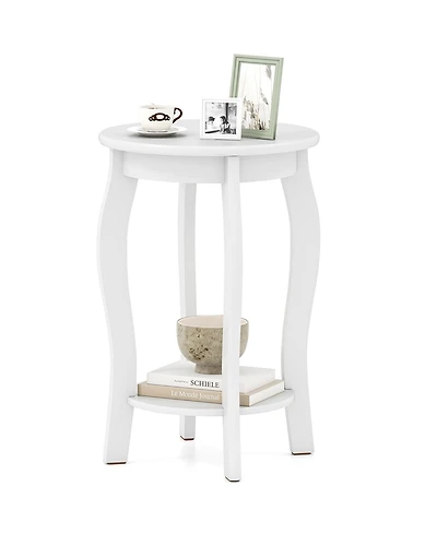 Gymax 2-Tier Round End Table Narrow Sofa Side Nightstand with Storage Shelf and Wood Legs