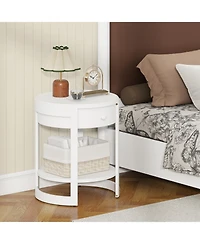 Gymax 2-Tier Nightstand with Shelf and Wood Grains Drawer Round End Table for Living Room