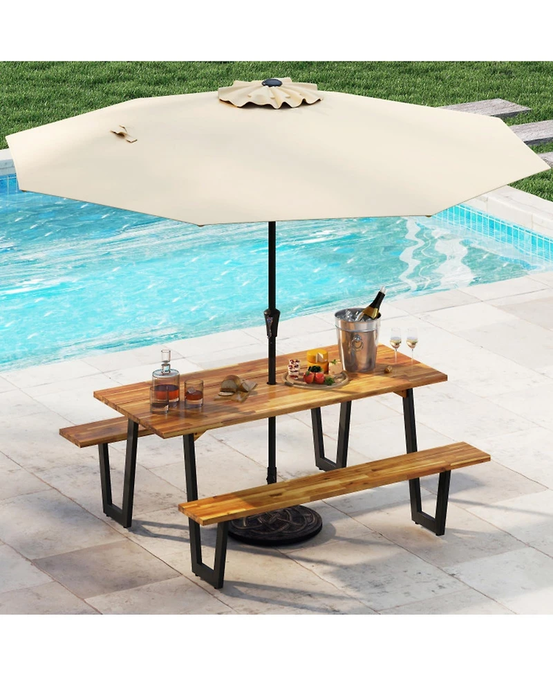 Gouun Outdoor Acacia Wood Picnic Table Set with Tilting Umbrella and Resin Base