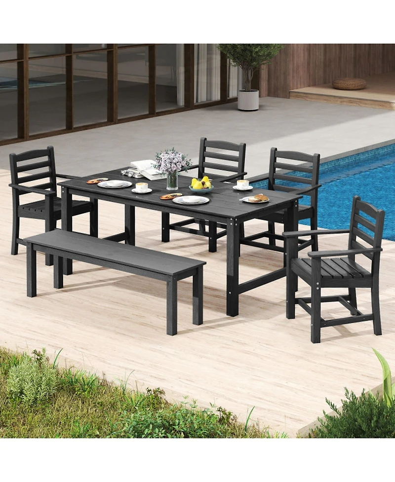 Gouun 6 Piece Hdpe Patio Dining Set with 67 in Table, Backless Bench and 4 Armchairs, Umbrella Hole