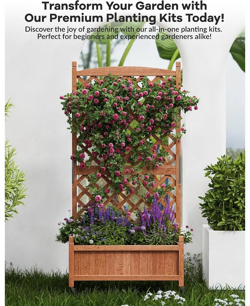 Xo 29.5" Wooden Raised Garden Bed with Trellis and Wheels, Planter Box for Climbing Plants Flowers