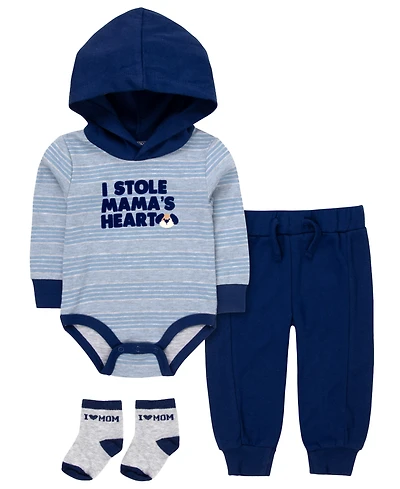 Baby Essentials Baby Boys' Long-Sleeve Bodysuit, Jogger Pant and Socks, 3-Piece Set