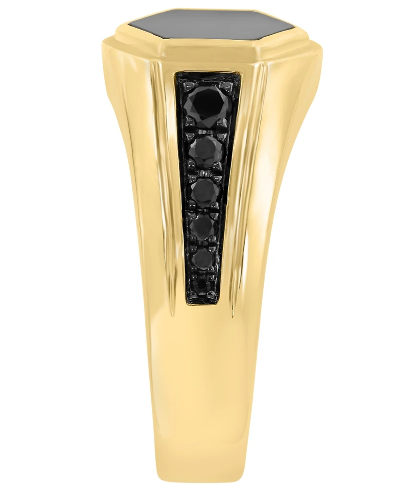Effy Collection Men's Black Diamond (3/8 ct. t.w.) and Onyx (9.5mm) Ring in 14k Yellow Gold-Plated Sterling Silver