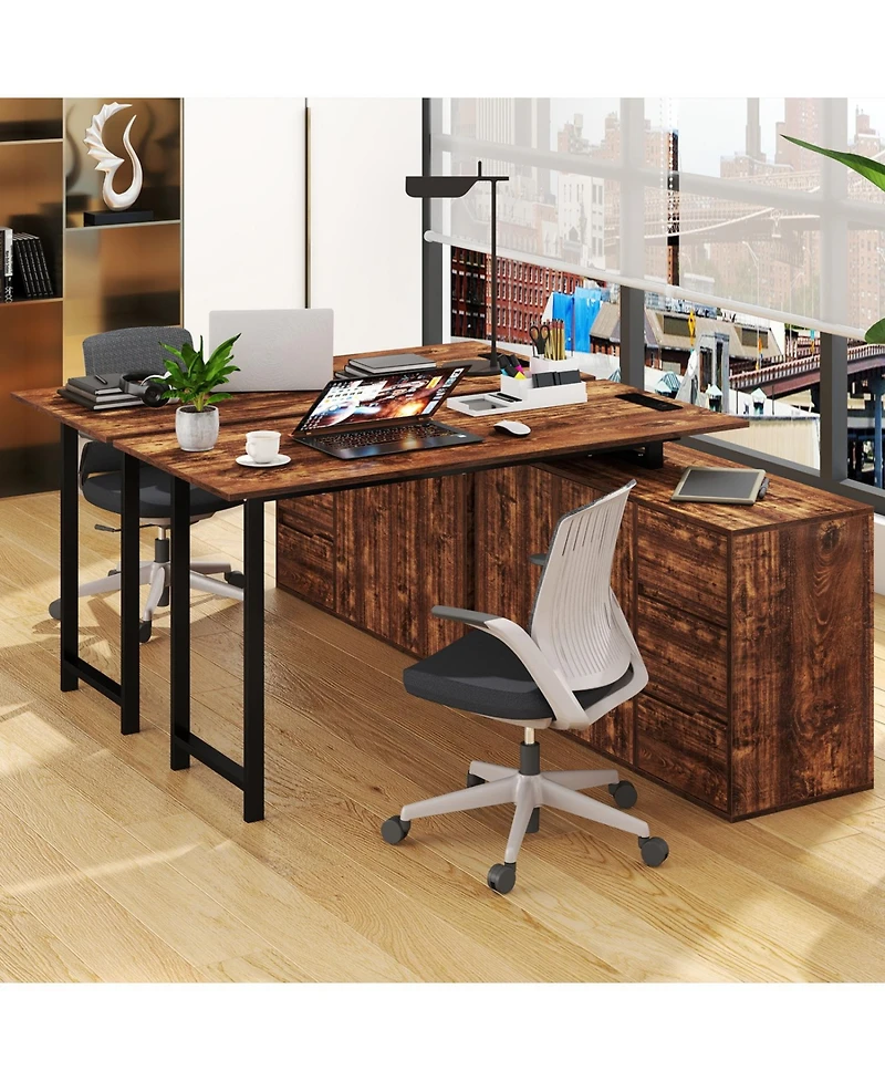 Slickblue L Shaped Computer Desk with File Cabinet and Integrated Power Outlet