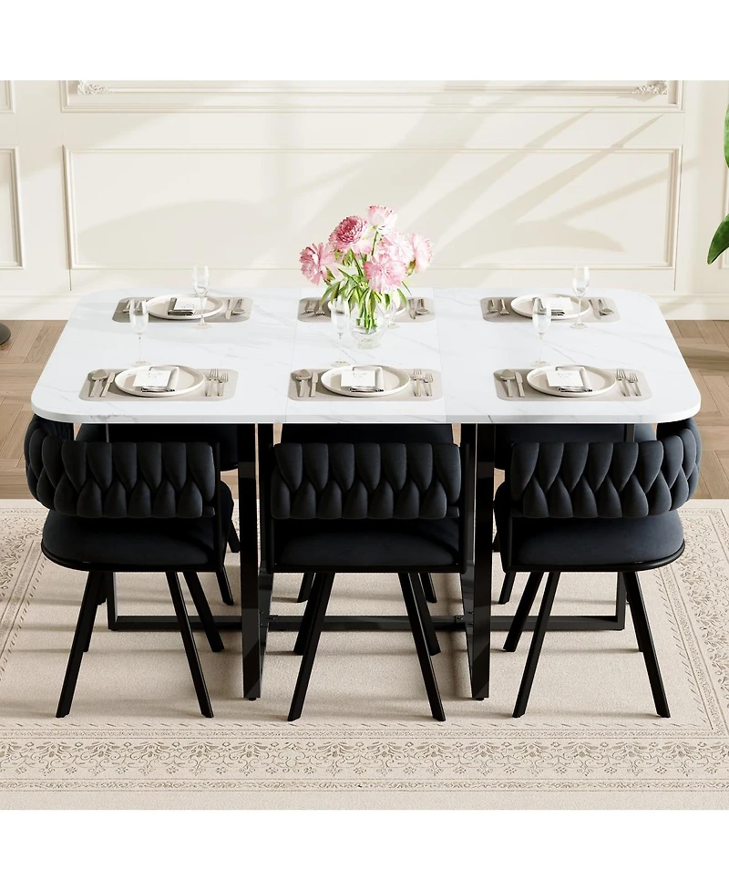 Streamdale Furniture 7-Piece Faux Marble Dining Set with 6 Velvet Chairs