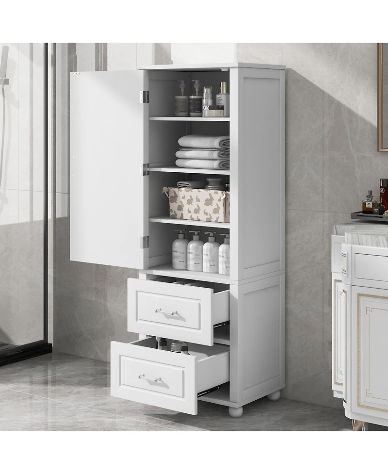 sumyeg Tall Bathroom Storage Cabinet with 2 Drawers and Adjustable Shelf Freestanding Organizer