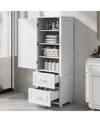 sumyeg Tall Bathroom Storage Cabinet with 2 Drawers and Adjustable Shelf Freestanding Organizer