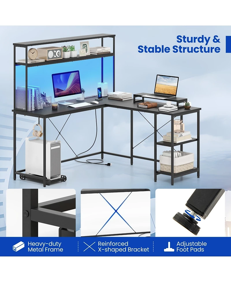 Slickblue L Shaped Gaming Desk with Hutch Monitor Stand and Led Strip