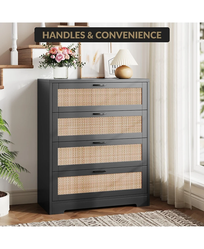 homfan Tall 4-Drawer Rattan Dresser with Wood Top, Modern Storage Chest Handles for Bedroom, Living Room, Entryway, Hallway