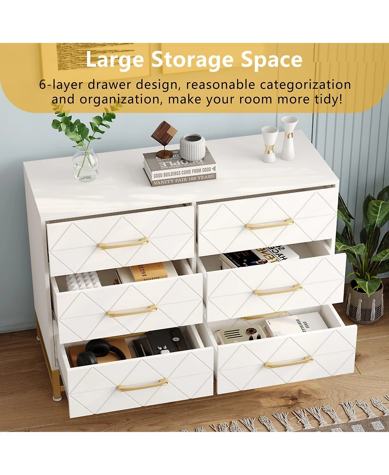 homfan 6-Drawer Dresser with Fabric Bins, Rattan Accent Storage Tower Tv Stand for 40" Tv, Bedroom, Closet, Hallway Organizer