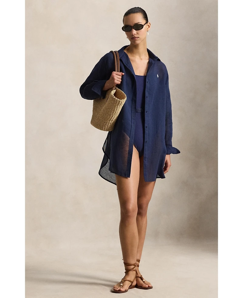Polo Ralph Lauren Women's Navy Blue Boyfriend Shirt Swimsuit Cover Up