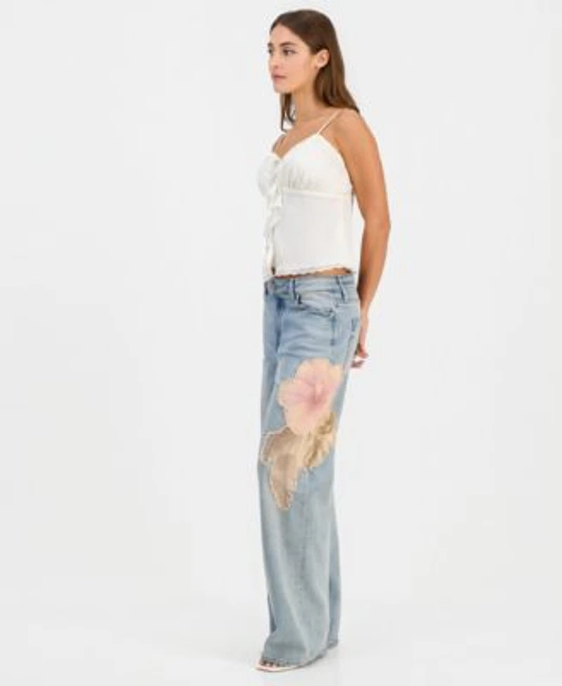 Guess Womens Sleeveless Saisha Babydoll Top Rey Floral Applique Wide Leg Jeans