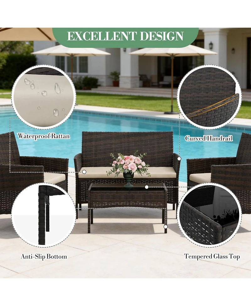 gaomon Patio Rattan Set with Glass Table Wicker and Cushions