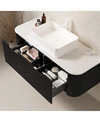 Sillysis Wall Mounted Bathroom Vanity with Ceramic Sink, Matte Stripe Plywood Cabinet, Soft Close Drawer, Pre-assembled