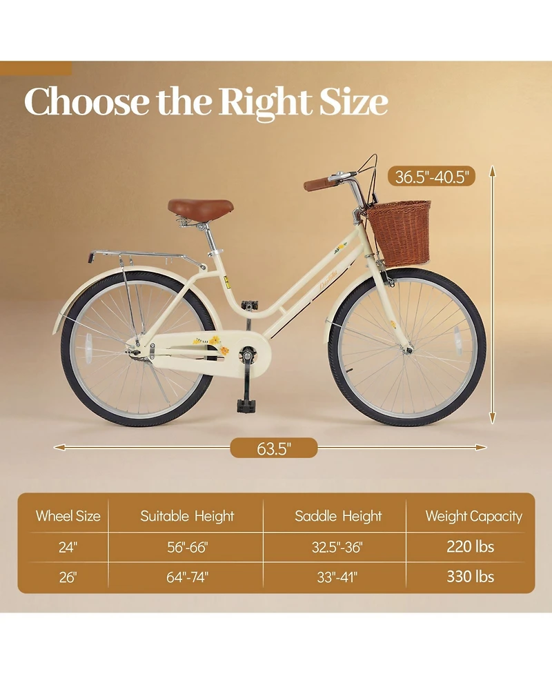 Gymax 24-Inch Beach Cruiser Bike w/Adjustable Seat Woven Basket and Rear Rack