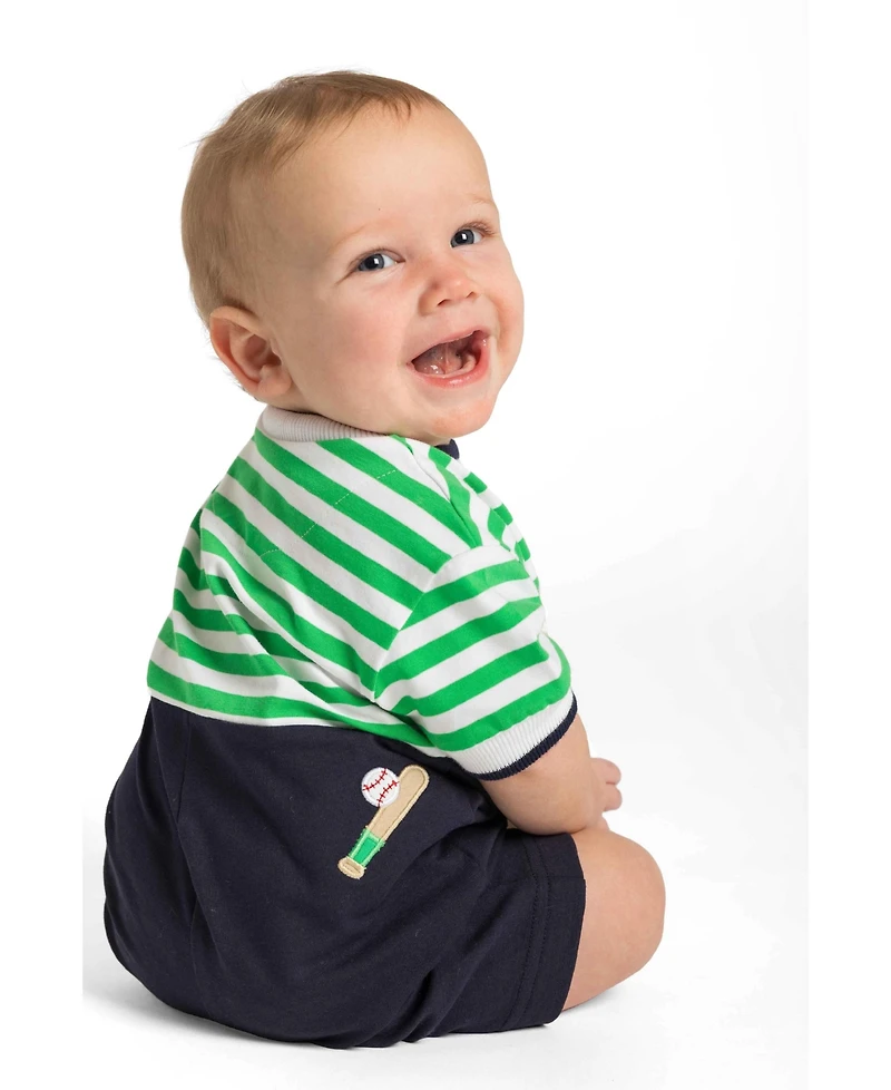 Florence Eiseman Baby Boys Stripe Knit Shortall With Baseball Field