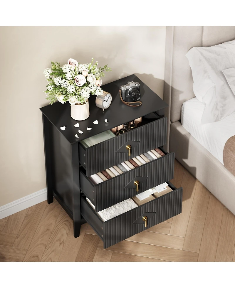 homfan Fluted 3-Drawer Nightstand Dresser with Metal Handles, 27.5" Wide Storage End Table for Bedroom, Living Room, Hallway
