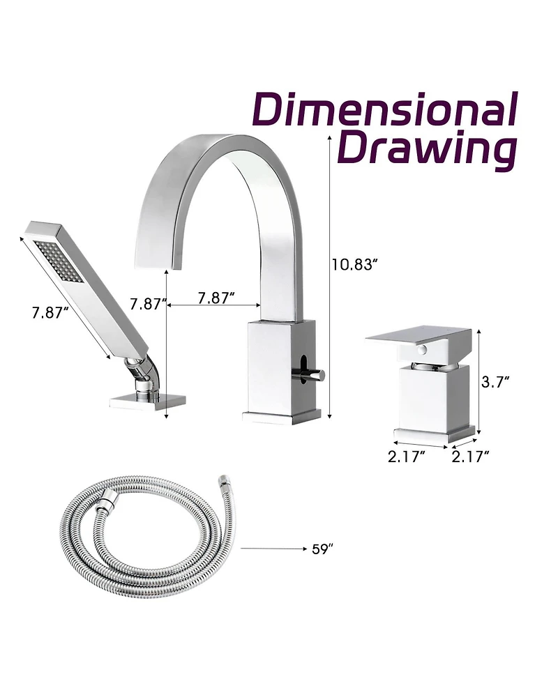 Phying Waterfall Bathtub Faucet with Sprayer, 3-Hole Roman Tub Filler with Hand Shower Deck Mount Waterfall Tub Spout Set
