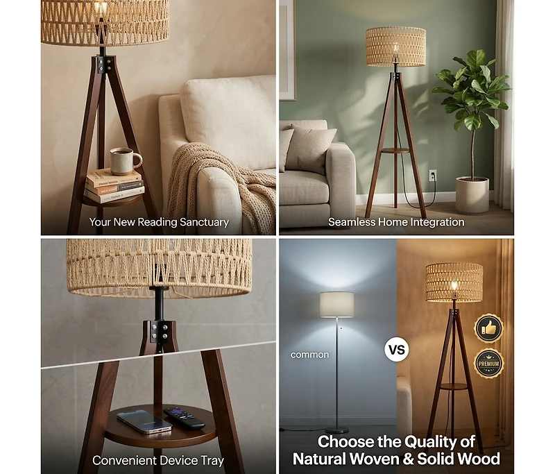 Modern Tripod Floor Lamp with Natural Rattan Shade and Built-in Shelf