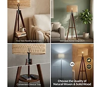 Modern Tripod Floor Lamp with Natural Rattan Shade and Built-in Shelf