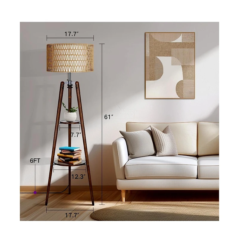 Modern Tripod Floor Lamp with Rattan Shade and Dual Shelves