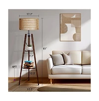 Modern Tripod Floor Lamp with Rattan Shade and Dual Shelves