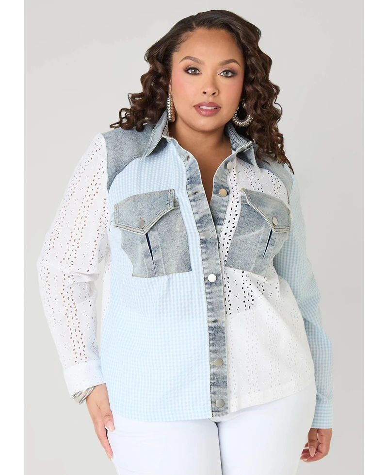 Ashley Stewart Women's Embroidered Eyelet Paneled Shirt