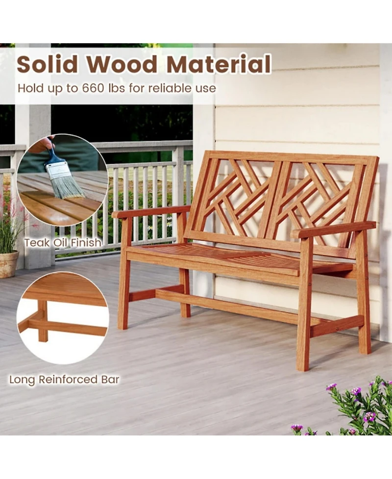 Yiortwo Outdoor Wood Patio Bench, 2-Person Loveseat Chair with Geometric Backrest
