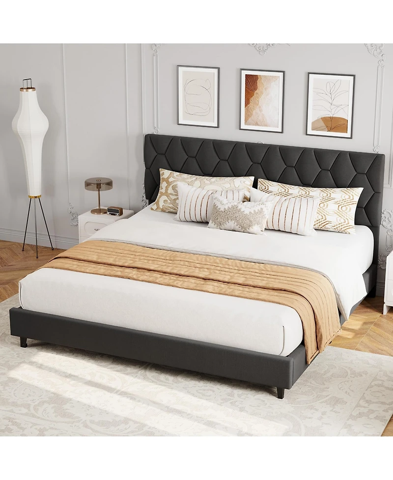 homfan Modern Upholstered Platform Bed Frame, Adjustable Padded Fabric Headboard, Heavy Duty Wooden Slats, No Box Spring Needed, Noise-Free