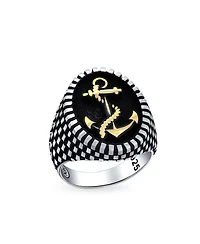 Bling Jewelry Men's Large Rope Anchor Signet Ring Checker Board Band .925 Sterling Silver
