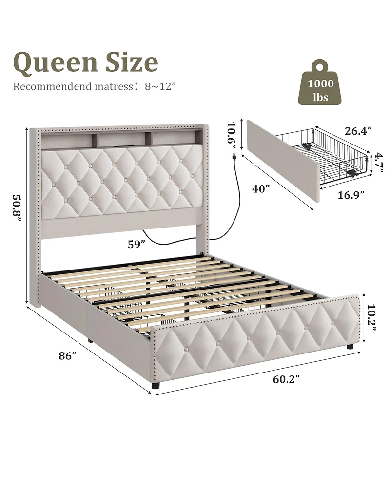 homfan Upholstered Bed Frame with Tall Headboard, 50.8inch Velvet 4 Storage Drawers and Usb Charging Station, No Box Spring Needed