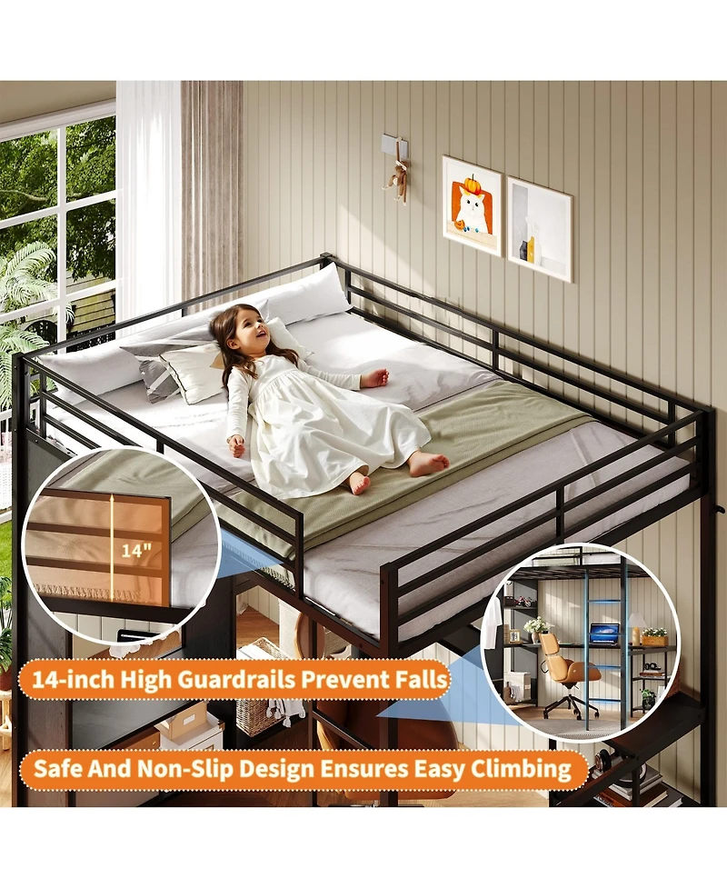 gaomon Queen Size Loft Bed with Desk and Storage Shelf, Heavy-Duty Metal Bed Frame Equipped with Wardrobe, Clothes Hanging Rod, Guardrail and Ladder