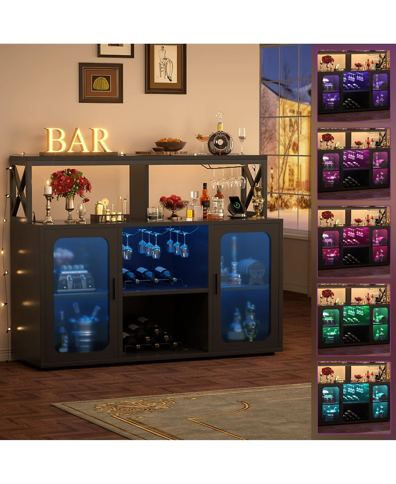 Aheaplus Wine Bar cabinet with Glass Holders and Doors, Buffet Power Outlet