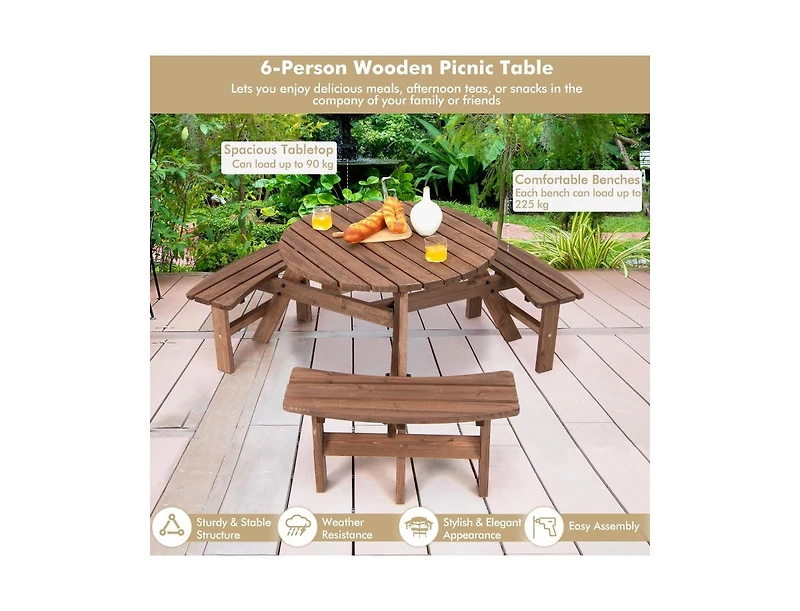 Mondawe 6 Person Wooden Picnic Table Set with Built-in Benches and Umbrella Hole