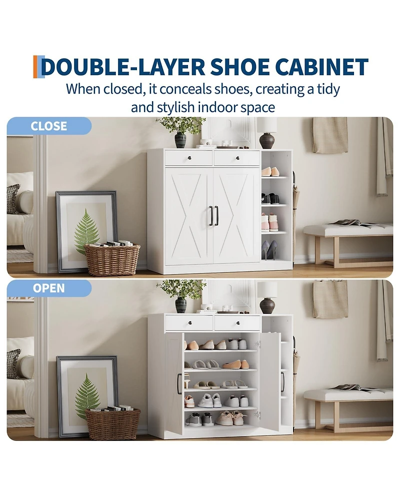 homfan Shoe Cabinet for Entryway with Doors, Hooks and 3 Open Racks - 4 Adjustable Shelves Storage Organizer for Hallway and Living Room