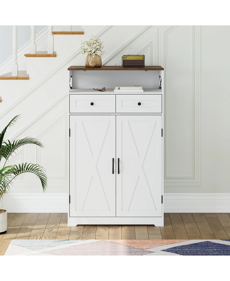 homfan Modern Farmhouse Narrow Freestanding Shoe Cabinet, Hidden Entryway Organizer with Doors, Drawers and Shelves for Foyer and Living Room