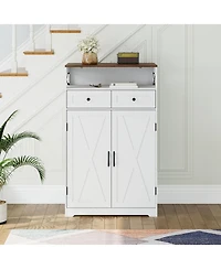 homfan Modern Farmhouse Narrow Freestanding Shoe Cabinet, Hidden Entryway Organizer with Doors, Drawers and Shelves for Foyer and Living Room
