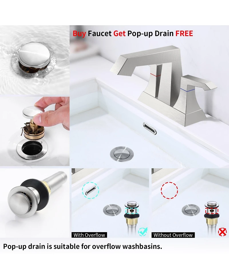 Phying 2-Handle Heavy Duty Bathroom Faucet with Drain and Supply Kits, Modern Style Lavatory Deck Mounted Faucet Brushed Nickel